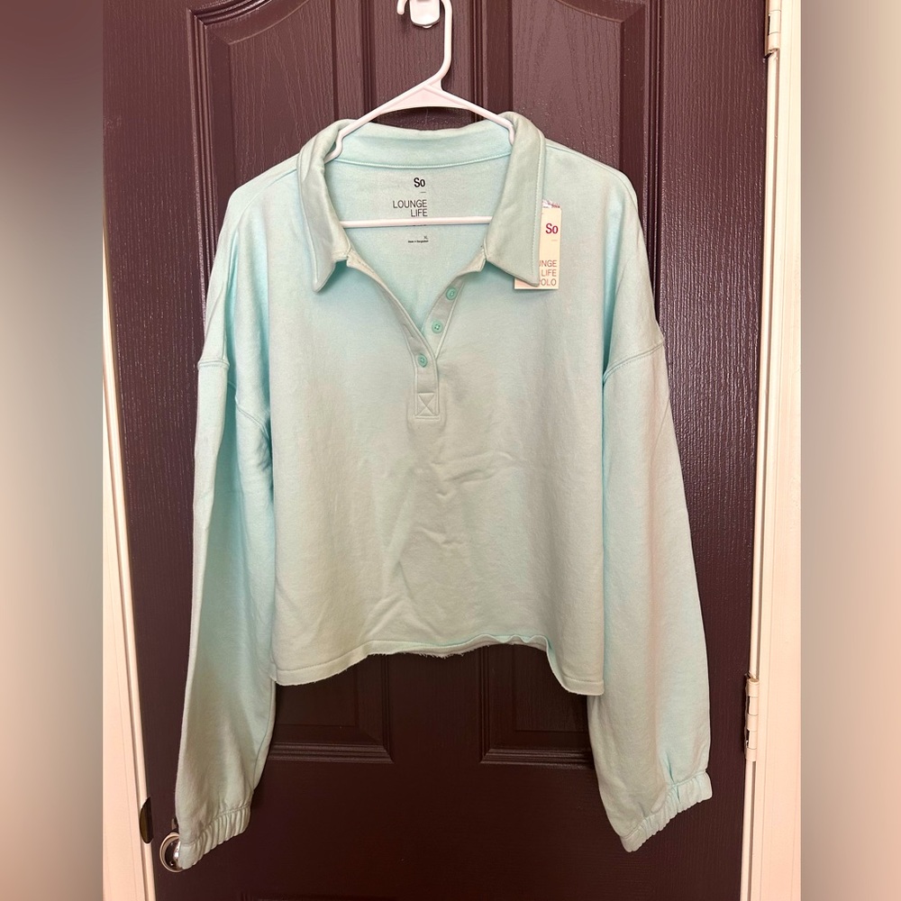 So Lounge Life Cropped long sleeve Polo Sweatshirt Pale Mint Green Size XL NWT